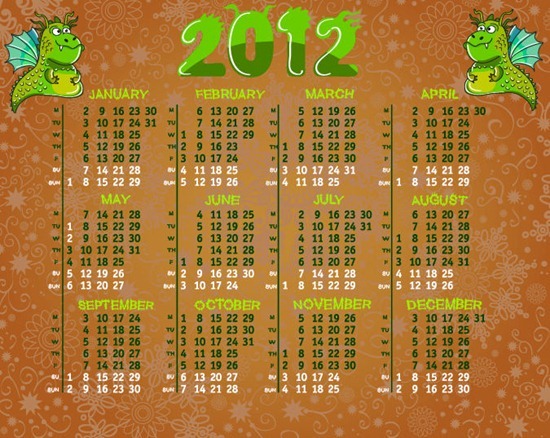 Calendar for 2012 with Dragon