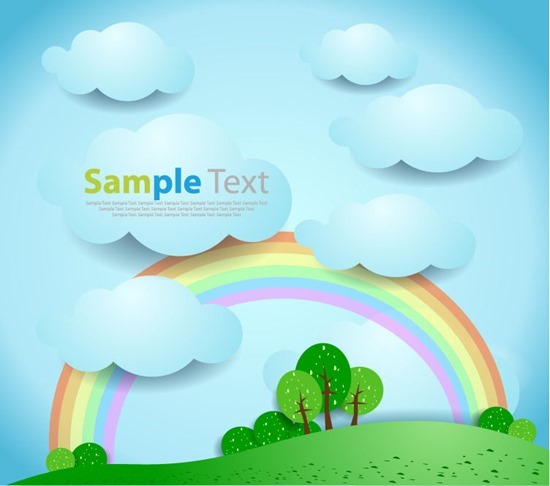 Abstract Cartoon Style Blue Sky White Cloud and Rainbow Vector Illustration